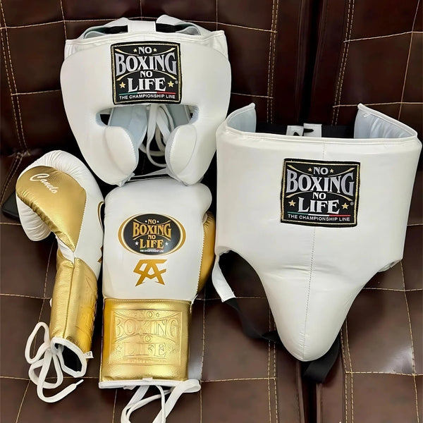 No Boxing No Life White Boxing Set – 8-16oz Gloves, Head Guard & Groin Protector