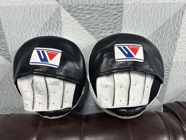 Winning Boxing Oval Curved Punch Mitts Focus Pad - Black& White Original leather